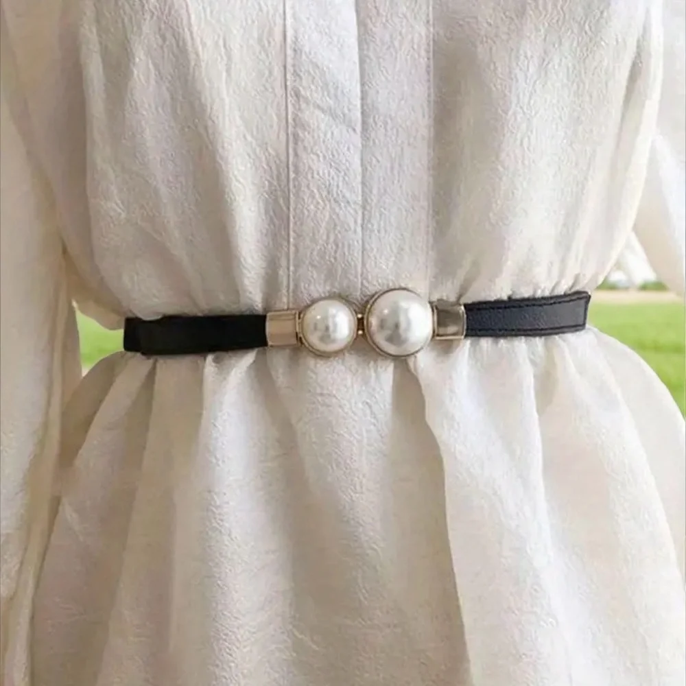 Thin Double Faux Pearl Buckle Solid Color‎ PU Leather Waist Thin Belt One Size